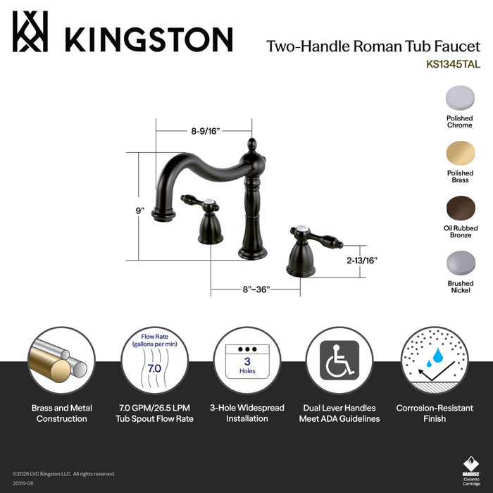 Kingston Heirloom KS1342TAL - Tudor Two-Handle 3-Hole Deck Mount Roman Tub Faucet, Polished Brass