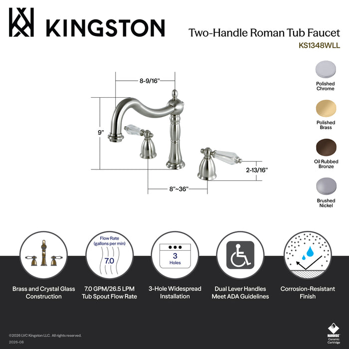 Kingston Heirloom KS1342WLL - Wilshire Two-Handle 3-Hole Deck Mount Roman Tub Faucet, Polished Brass