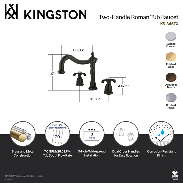 Kingston Heirloom KS1345TX - French Country Two-Handle 3-Hole Deck Mount Roman Tub Faucet, Oil Rubbed Bronze