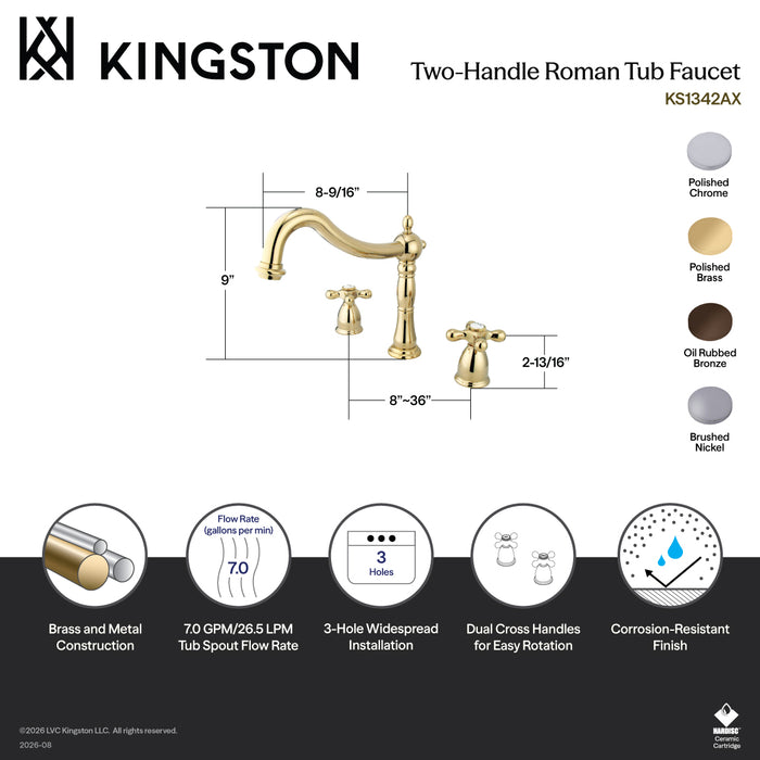 Kingston Heirloom KS1348AX - Heritage Two-Handle 3-Hole Deck Mount Roman Tub Faucet, Brushed Nickel