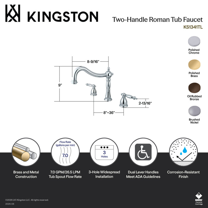 Kingston Heirloom KS1348TL - Heritage Two-Handle 3-Hole Deck Mount Roman Tub Faucet, Brushed Nickel