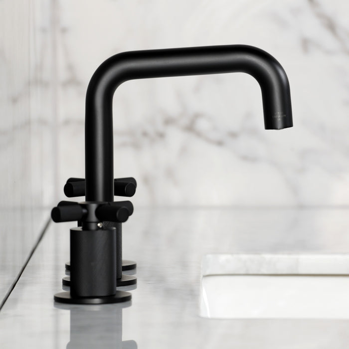 Kingston Sona KS1410KNX - Convergent Two-Handle 3-Hole Deck Mount Widespread Bathroom Faucet with Push Pop-Up Drain, Matte Black