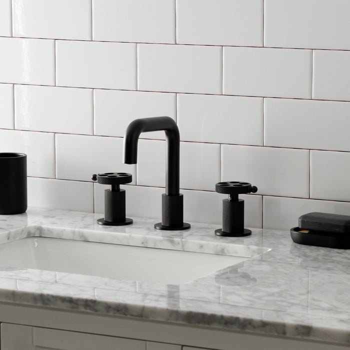 Kingston Sona KS1410RKX - Webb Two-Handle 3-Hole Deck Mount Widespread Bathroom Faucet with Knurled Handle and Push Pop-Up Drain, Matte Black