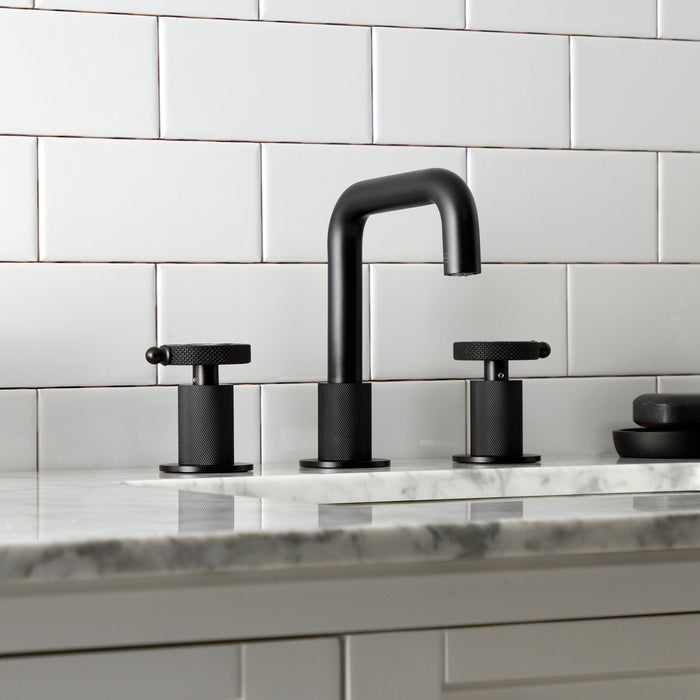 Kingston Sona KS1410RKX - Webb Two-Handle 3-Hole Deck Mount Widespread Bathroom Faucet with Knurled Handle and Push Pop-Up Drain, Matte Black