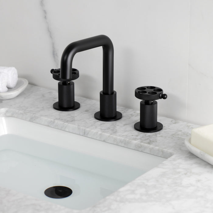 Kingston Sona KS1410RKZ - Wendell Two-Handle 3-Hole Deck Mount Widespread Bathroom Faucet with Knurled Handle and Push Pop-Up Drain, Matte Black