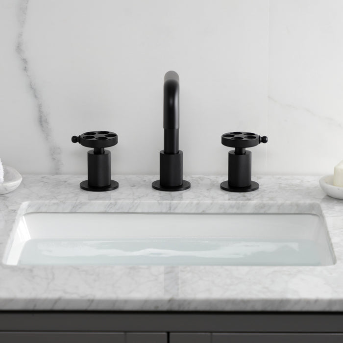 Kingston Sona KS1410RKZ - Wendell Two-Handle 3-Hole Deck Mount Widespread Bathroom Faucet with Knurled Handle and Push Pop-Up Drain, Matte Black