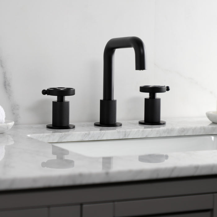 Kingston Sona KS1410RKZ - Wendell Two-Handle 3-Hole Deck Mount Widespread Bathroom Faucet with Knurled Handle and Push Pop-Up Drain, Matte Black