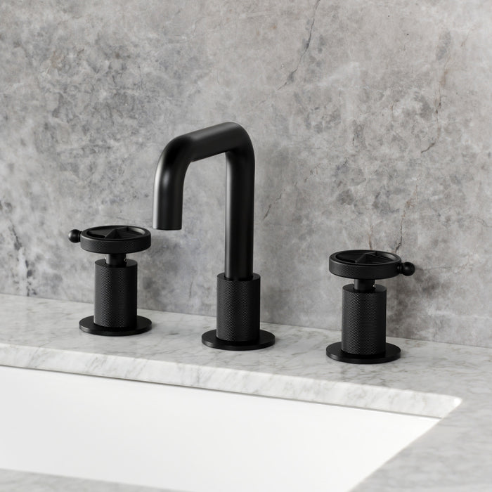 Kingston Sona KS1410RNK - Levante Two-Handle 3-Hole Deck Mount Widespread Bathroom Faucet with Push Pop-Up Drain, Matte Black