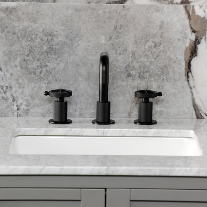 Kingston Sona KS1410RNK - Levante Two-Handle 3-Hole Deck Mount Widespread Bathroom Faucet with Push Pop-Up Drain, Matte Black