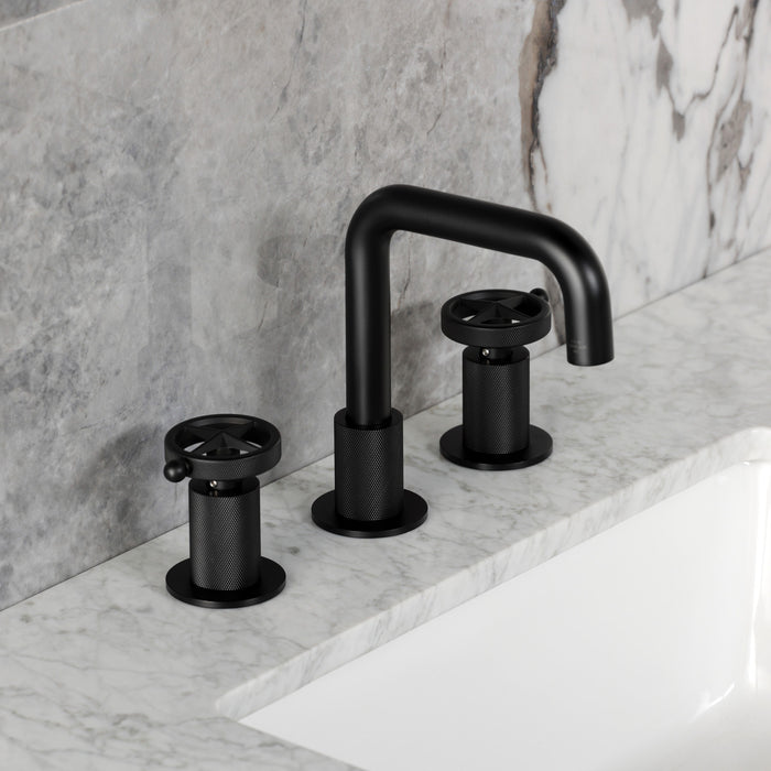 Kingston Sona KS1410RNK - Levante Two-Handle 3-Hole Deck Mount Widespread Bathroom Faucet with Push Pop-Up Drain, Matte Black