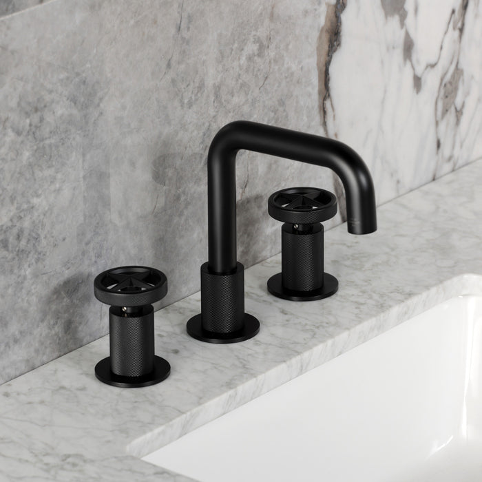 Kingston Sona KS1410RNX - Ostro Two-Handle 3-Hole Deck Mount Widespread Bathroom Faucet with Push Pop-Up Drain, Matte Black