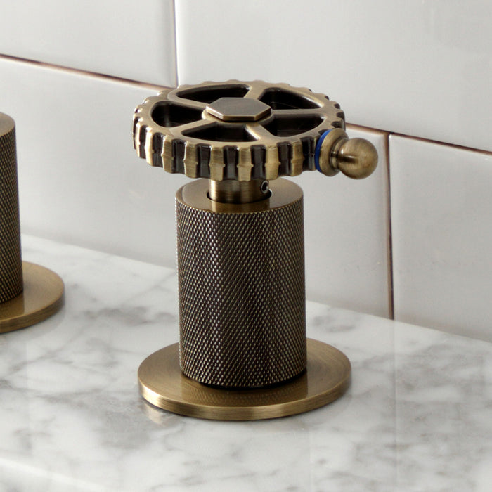 Kingston Sona KS1413CG - Fuller Two-Handle 3-Hole Deck Mount Widespread Bathroom Faucet with Push Pop-Up Drain, Antique Brass