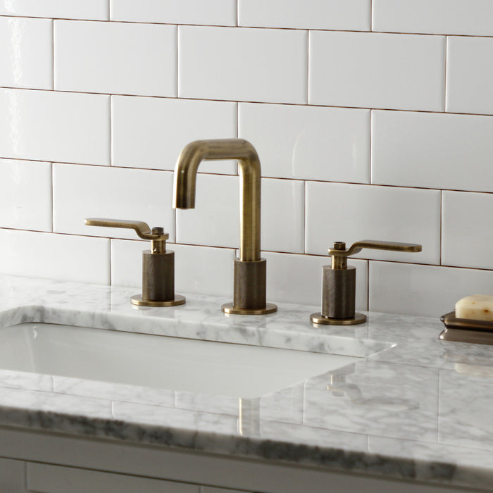 Kingston Sona KS1413KL - Whitaker Two-Handle 3-Hole Deck Mount Widespread Bathroom Faucet with Push Pop-Up Drain, Antique Brass