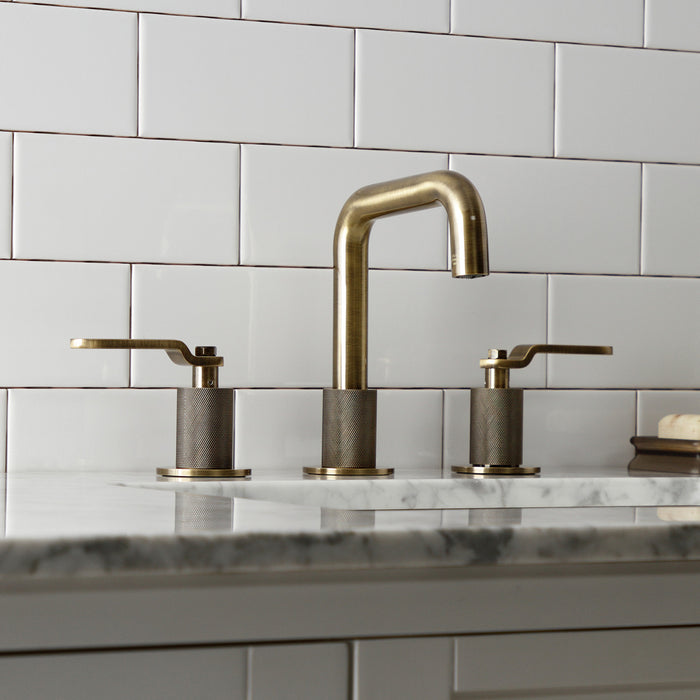 Kingston Sona KS1413KL - Whitaker Two-Handle 3-Hole Deck Mount Widespread Bathroom Faucet with Push Pop-Up Drain, Antique Brass