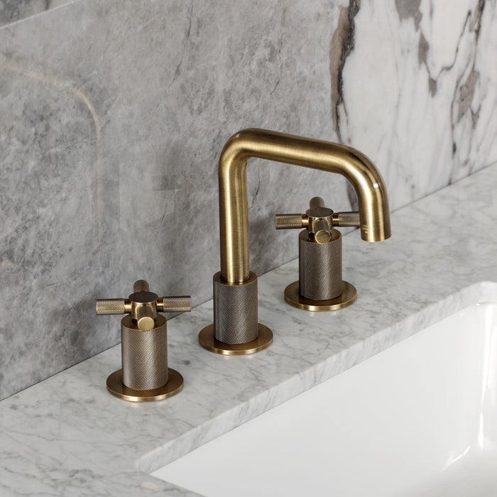 Kingston Sona KS1413KNX - Convergent Two-Handle 3-Hole Deck Mount Widespread Bathroom Faucet with Push Pop-Up Drain, Antique Brass