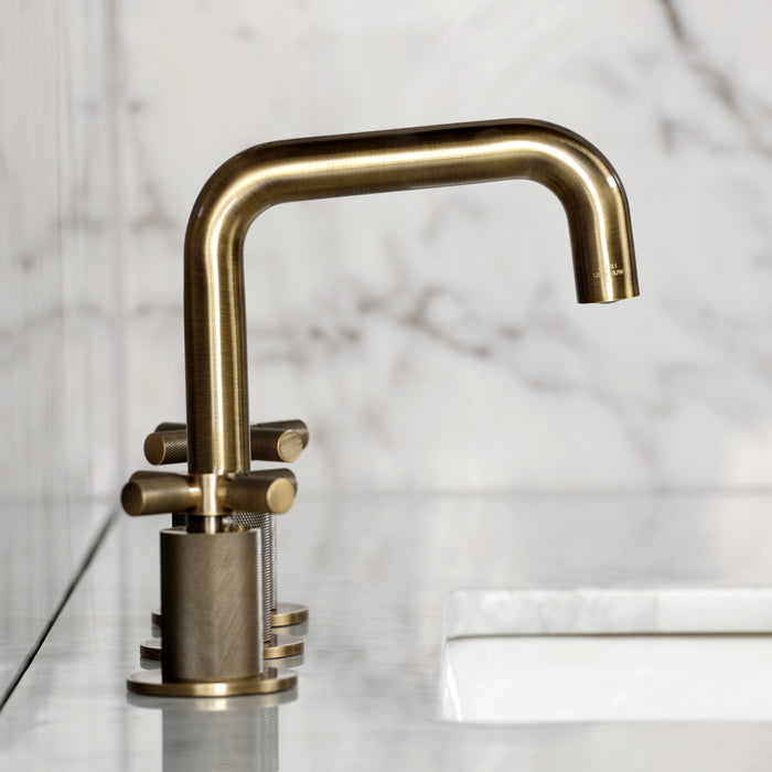 Kingston Sona KS1413KNX - Convergent Two-Handle 3-Hole Deck Mount Widespread Bathroom Faucet with Push Pop-Up Drain, Antique Brass