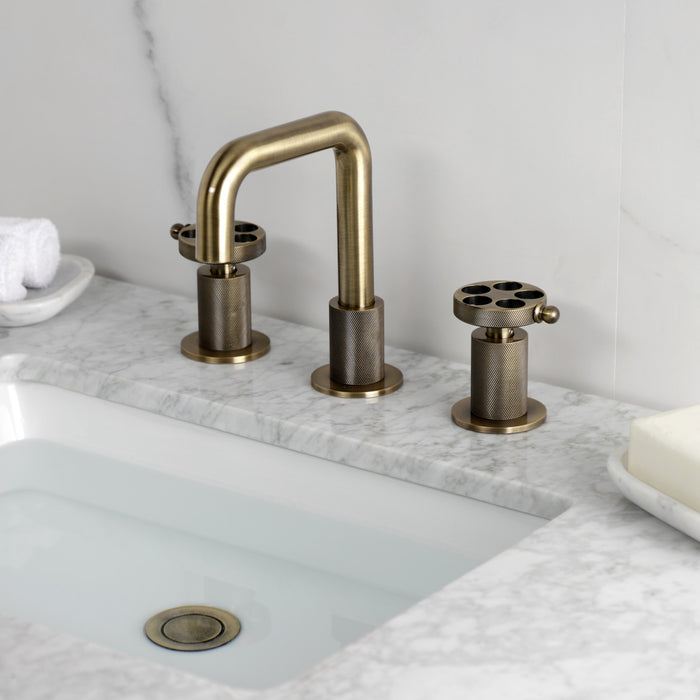 Kingston Sona KS1413RKZ - Wendell Two-Handle 3-Hole Deck Mount Widespread Bathroom Faucet with Knurled Handle and Push Pop-Up Drain, Antique Brass
