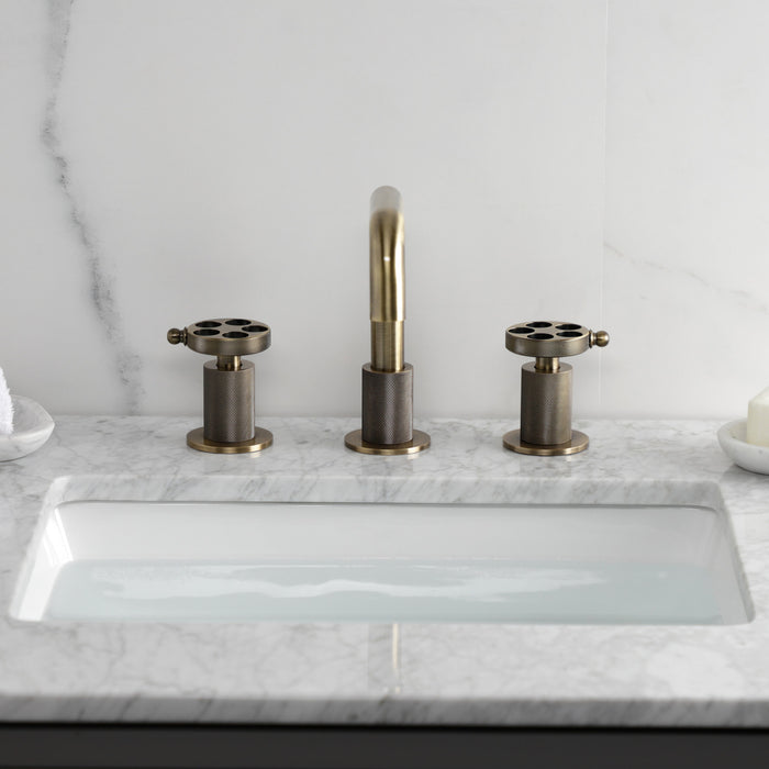 Kingston Sona KS1413RKZ - Wendell Two-Handle 3-Hole Deck Mount Widespread Bathroom Faucet with Knurled Handle and Push Pop-Up Drain, Antique Brass