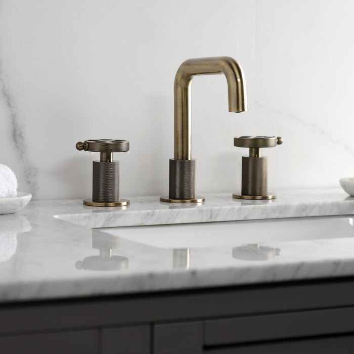Kingston Sona KS1413RKZ - Wendell Two-Handle 3-Hole Deck Mount Widespread Bathroom Faucet with Knurled Handle and Push Pop-Up Drain, Antique Brass