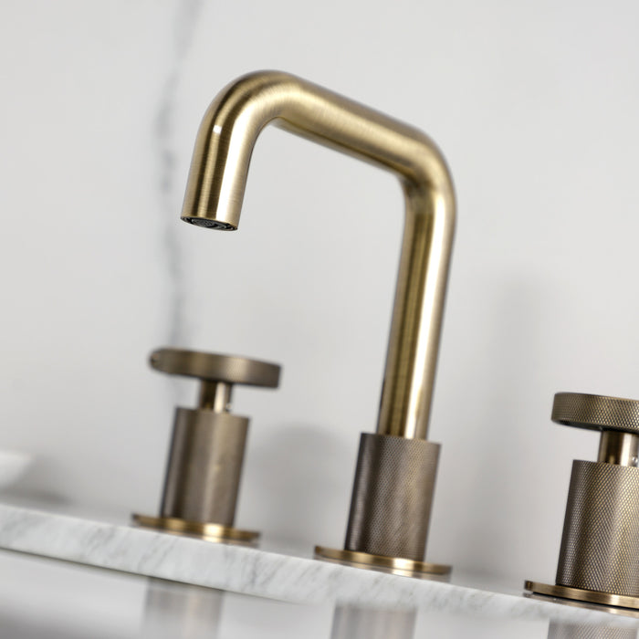 Kingston Sona KS1413RKZ - Wendell Two-Handle 3-Hole Deck Mount Widespread Bathroom Faucet with Knurled Handle and Push Pop-Up Drain, Antique Brass