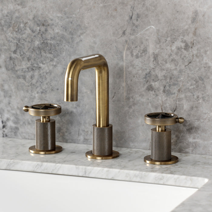 Kingston Sona KS1413RNK - Levante Two-Handle 3-Hole Deck Mount Widespread Bathroom Faucet with Push Pop-Up Drain, Antique Brass