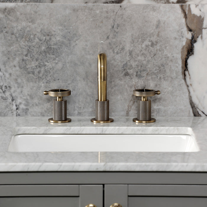 Kingston Sona KS1413RNK - Levante Two-Handle 3-Hole Deck Mount Widespread Bathroom Faucet with Push Pop-Up Drain, Antique Brass