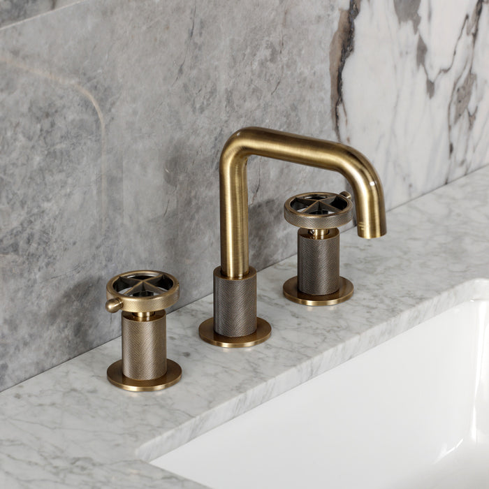 Kingston Sona KS1413RNK - Levante Two-Handle 3-Hole Deck Mount Widespread Bathroom Faucet with Push Pop-Up Drain, Antique Brass