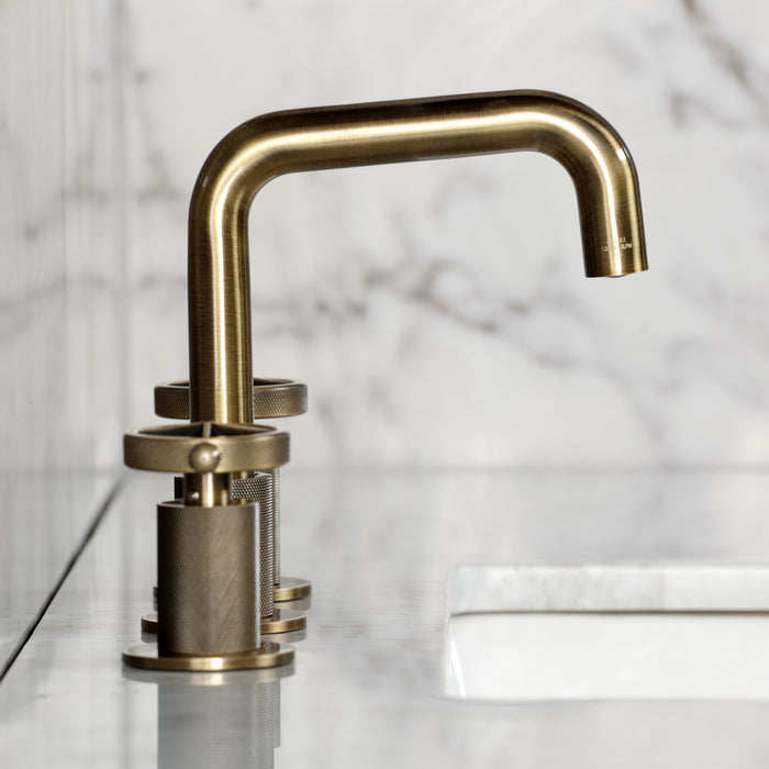 Kingston Sona KS1413RNK - Levante Two-Handle 3-Hole Deck Mount Widespread Bathroom Faucet with Push Pop-Up Drain, Antique Brass