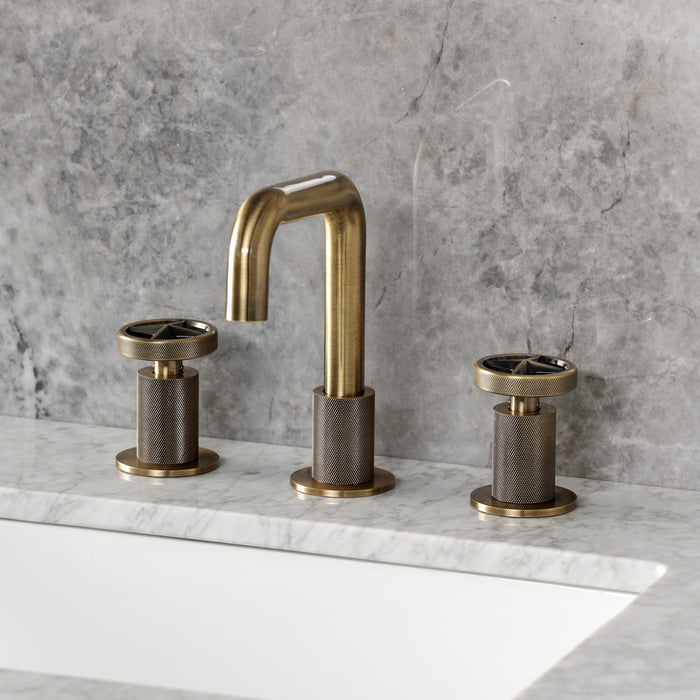 Kingston Sona KS1413RNX - Ostro Two-Handle 3-Hole Deck Mount Widespread Bathroom Faucet with Push Pop-Up Drain, Antique Brass
