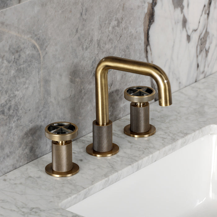 Kingston Sona KS1413RNX - Ostro Two-Handle 3-Hole Deck Mount Widespread Bathroom Faucet with Push Pop-Up Drain, Antique Brass