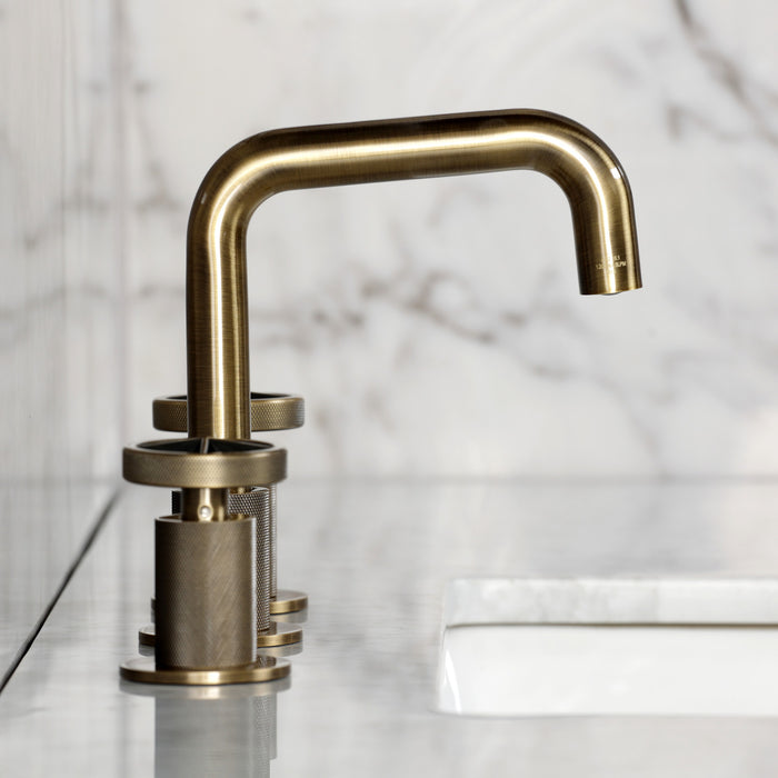 Kingston Sona KS1413RNX - Ostro Two-Handle 3-Hole Deck Mount Widespread Bathroom Faucet with Push Pop-Up Drain, Antique Brass