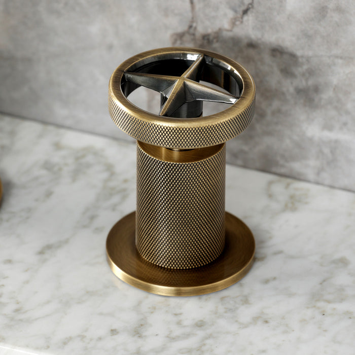 Kingston Sona KS1413RNX - Ostro Two-Handle 3-Hole Deck Mount Widespread Bathroom Faucet with Push Pop-Up Drain, Antique Brass