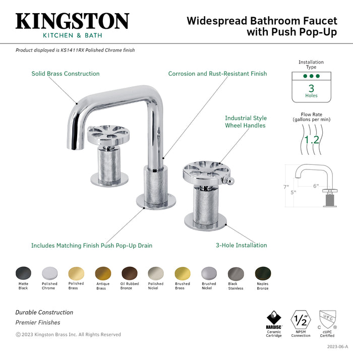 Kingston Sona KS1413RX - Belknap Two-Handle 3-Hole Deck Mount Widespread Bathroom Faucet with Push Pop-Up Drain, Antique Brass