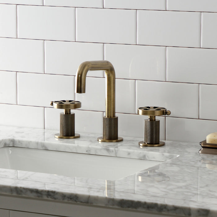 Kingston Sona KS1413RX - Belknap Two-Handle 3-Hole Deck Mount Widespread Bathroom Faucet with Push Pop-Up Drain, Antique Brass