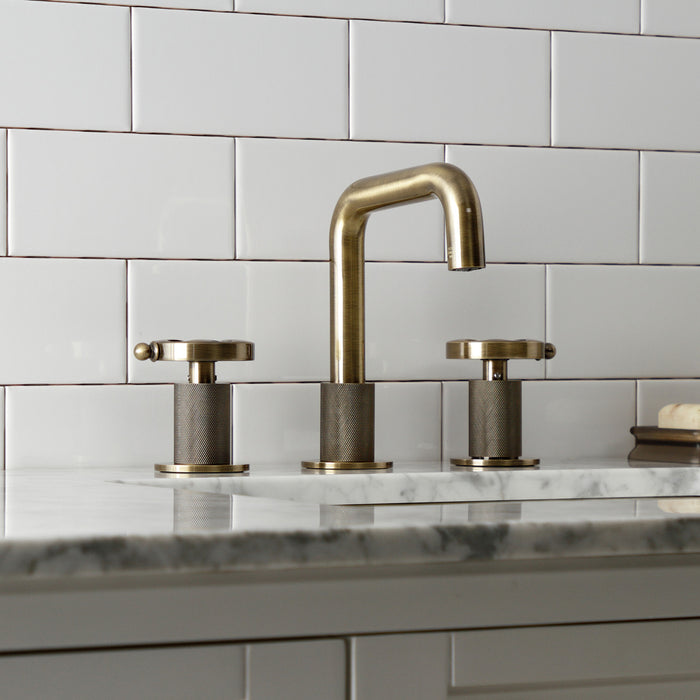Kingston Sona KS1413RX - Belknap Two-Handle 3-Hole Deck Mount Widespread Bathroom Faucet with Push Pop-Up Drain, Antique Brass