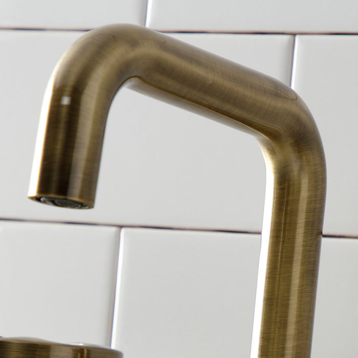 Kingston Sona KS1413RX - Belknap Two-Handle 3-Hole Deck Mount Widespread Bathroom Faucet with Push Pop-Up Drain, Antique Brass