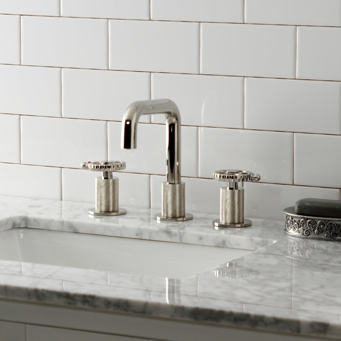 Kingston Sona KS1416CG - Fuller Two-Handle 3-Hole Deck Mount Widespread Bathroom Faucet with Push Pop-Up Drain, Polished Nickel