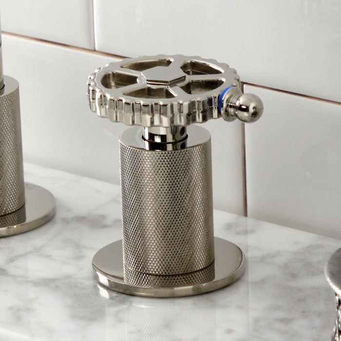 Kingston Sona KS1416CG - Fuller Two-Handle 3-Hole Deck Mount Widespread Bathroom Faucet with Push Pop-Up Drain, Polished Nickel