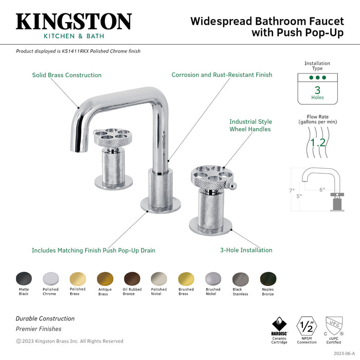 Kingston Sona KS1416RKX - Webb Two-Handle 3-Hole Deck Mount Widespread Bathroom Faucet with Knurled Handle and Push Pop-Up Drain, Polished Nickel
