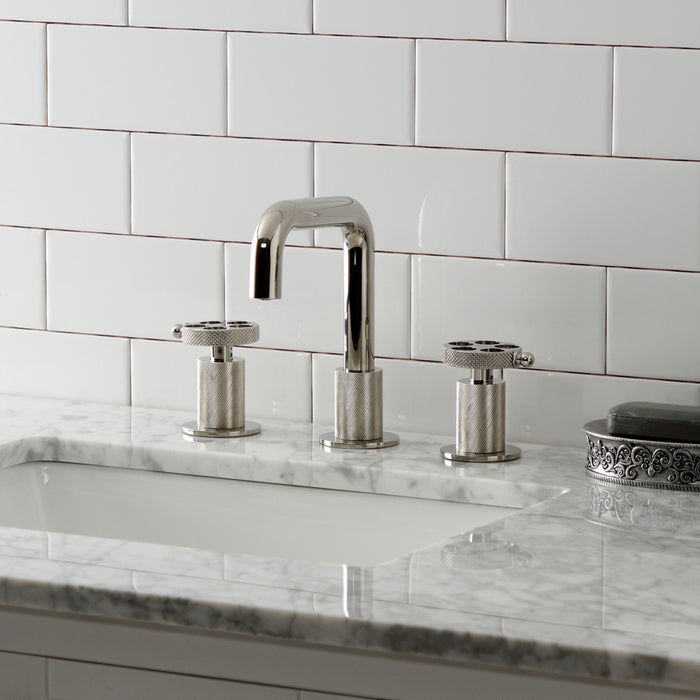 Kingston Sona KS1416RKX - Webb Two-Handle 3-Hole Deck Mount Widespread Bathroom Faucet with Knurled Handle and Push Pop-Up Drain, Polished Nickel