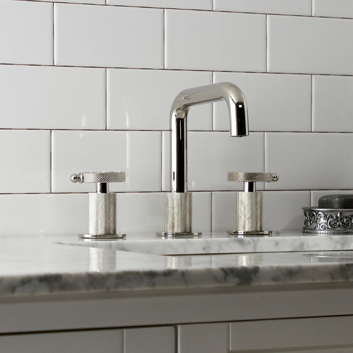 Kingston Sona KS1416RKX - Webb Two-Handle 3-Hole Deck Mount Widespread Bathroom Faucet with Knurled Handle and Push Pop-Up Drain, Polished Nickel