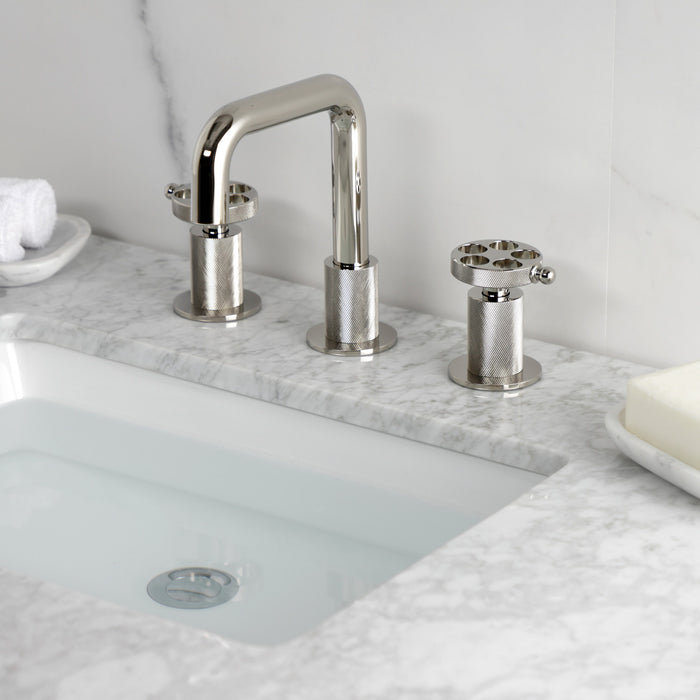 Kingston Sona KS1416RKZ - Wendell Two-Handle 3-Hole Deck Mount Widespread Bathroom Faucet with Knurled Handle and Push Pop-Up Drain, Polished Nickel