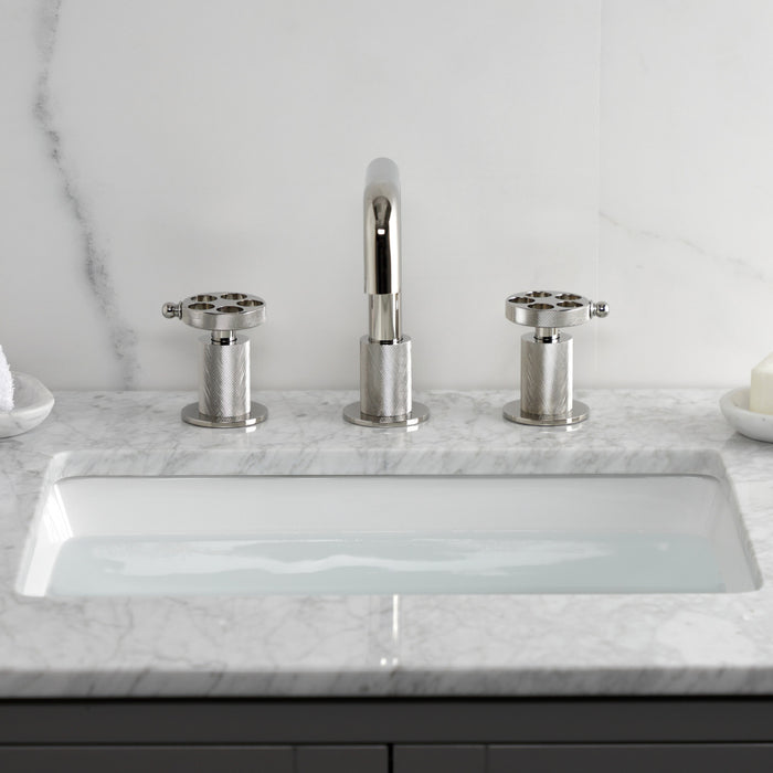 Kingston Sona KS1416RKZ - Wendell Two-Handle 3-Hole Deck Mount Widespread Bathroom Faucet with Knurled Handle and Push Pop-Up Drain, Polished Nickel