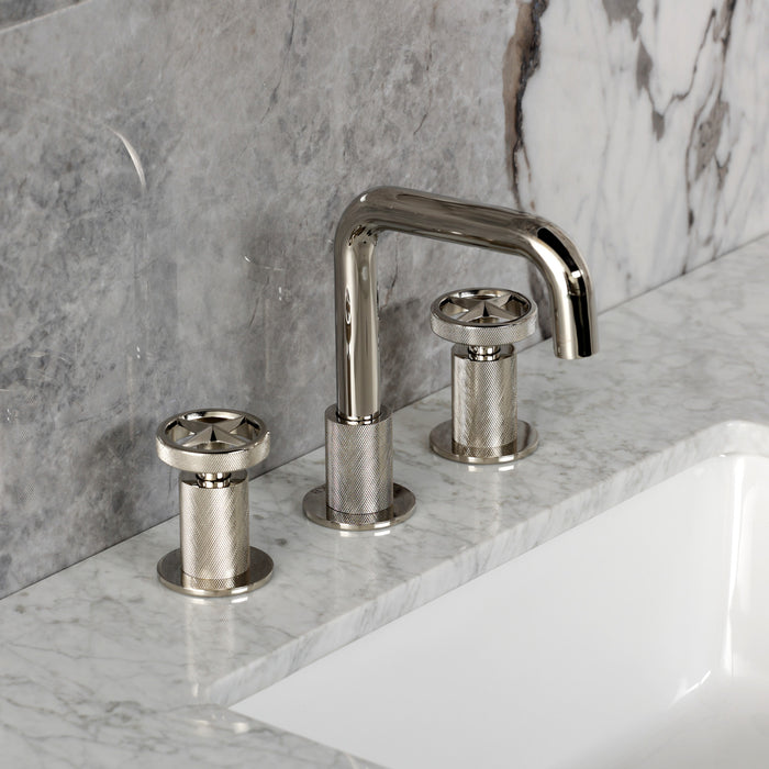 Kingston Sona KS1416RNX - Ostro Two-Handle 3-Hole Deck Mount Widespread Bathroom Faucet with Push Pop-Up Drain, Polished Nickel