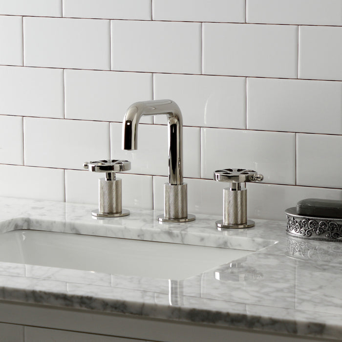 Kingston Sona KS1416RX - Belknap Two-Handle 3-Hole Deck Mount Widespread Bathroom Faucet with Push Pop-Up Drain, Polished Nickel