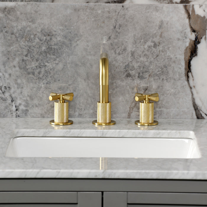 Kingston Sona KS1417KNX - Convergent Two-Handle 3-Hole Deck Mount Widespread Bathroom Faucet with Push Pop-Up Drain, Brushed Brass