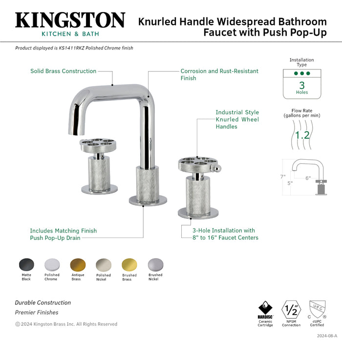 Kingston Sona KS1417RKZ - Wendell Two-Handle 3-Hole Deck Mount Widespread Bathroom Faucet with Knurled Handle and Push Pop-Up Drain, Brushed Brass
