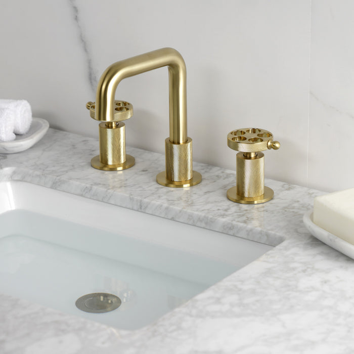 Kingston Sona KS1417RKZ - Wendell Two-Handle 3-Hole Deck Mount Widespread Bathroom Faucet with Knurled Handle and Push Pop-Up Drain, Brushed Brass