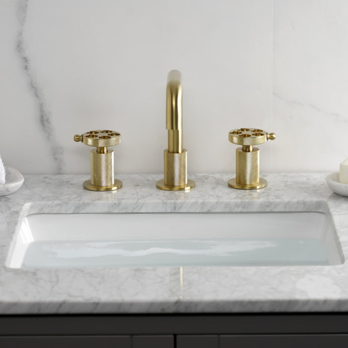 Kingston Sona KS1417RKZ - Wendell Two-Handle 3-Hole Deck Mount Widespread Bathroom Faucet with Knurled Handle and Push Pop-Up Drain, Brushed Brass