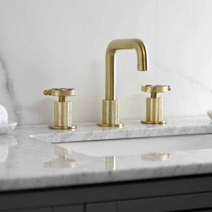 Kingston Sona KS1417RKZ - Wendell Two-Handle 3-Hole Deck Mount Widespread Bathroom Faucet with Knurled Handle and Push Pop-Up Drain, Brushed Brass
